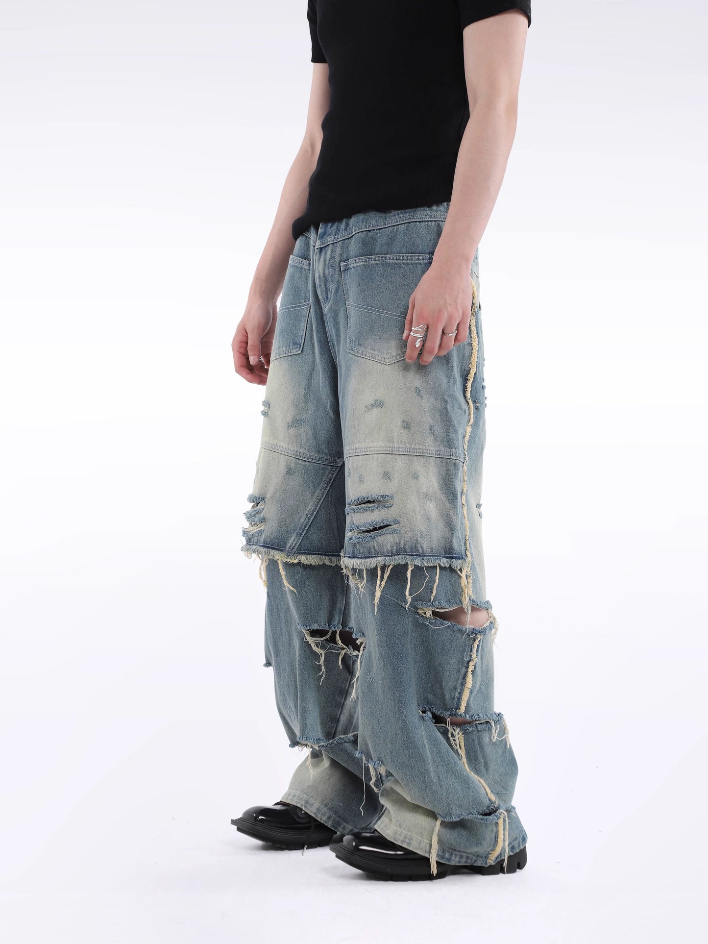 Fringe Damage Wide Leg Denim Jeans WN20638