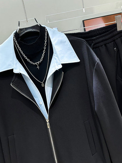 Heavyweight Fake Layered Patchwork Jacket & Wide-Leg Sweatpants Setup WN23959