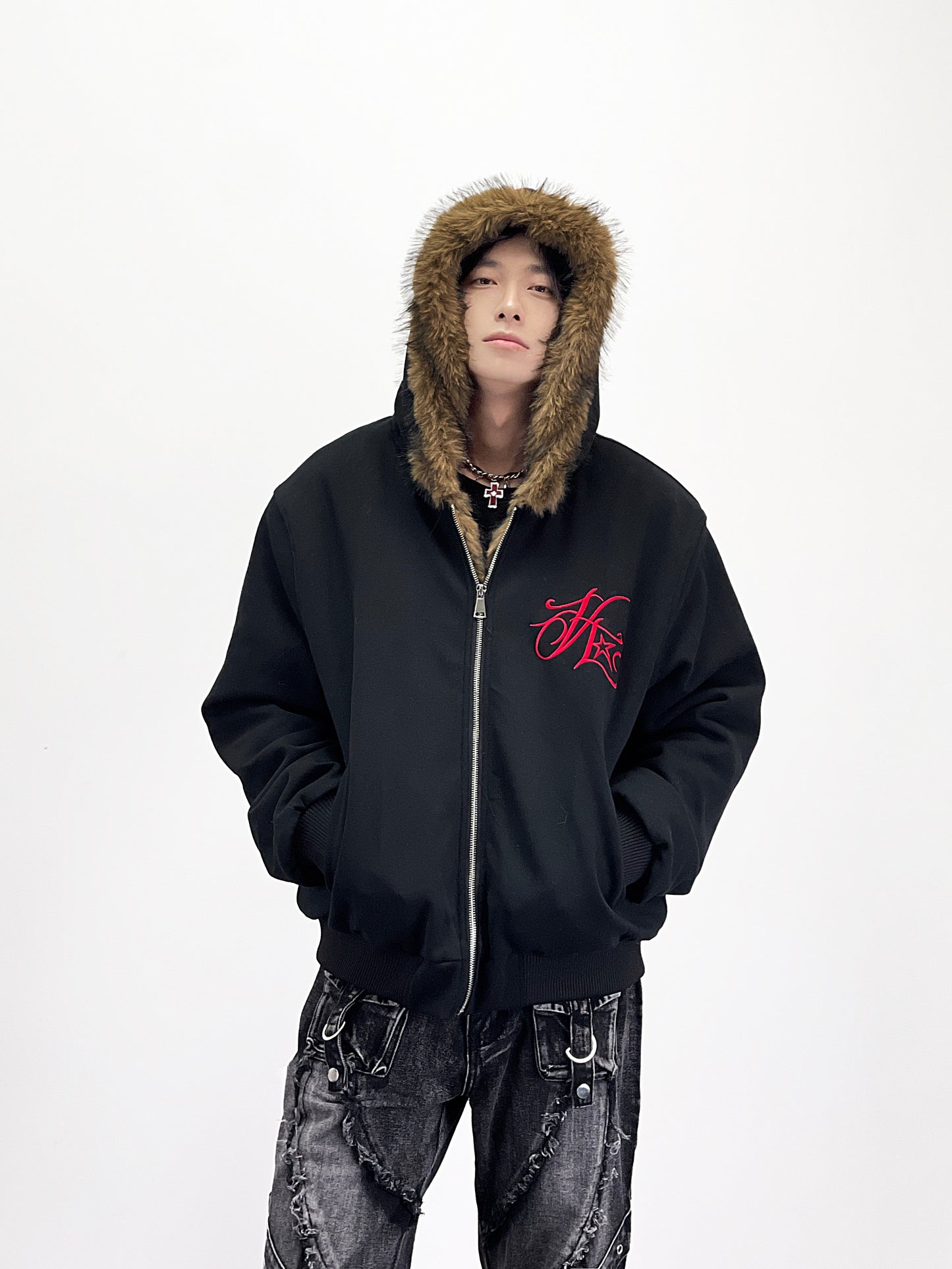 Embroidery Letter Fake Fur Hooded Jacket WN24262