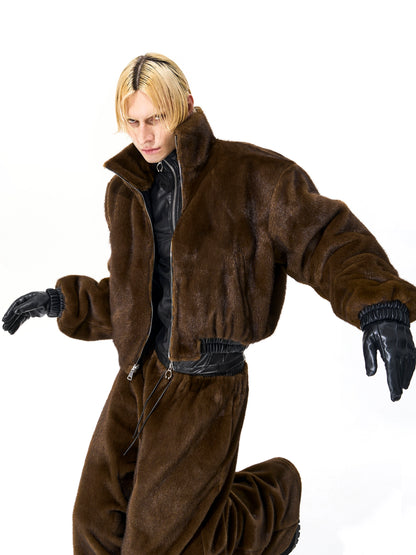 Reversible Fake Fur Stand Neck PU Leather Jacket & Pants Setup WN21827