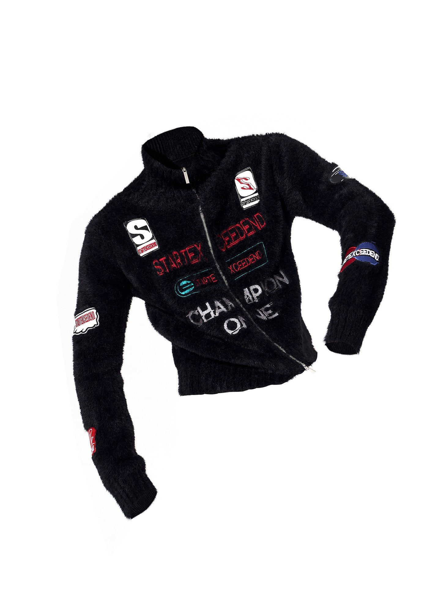 Letter Embroidery Print High-Neck Zipper Knit Cardigan WN22649