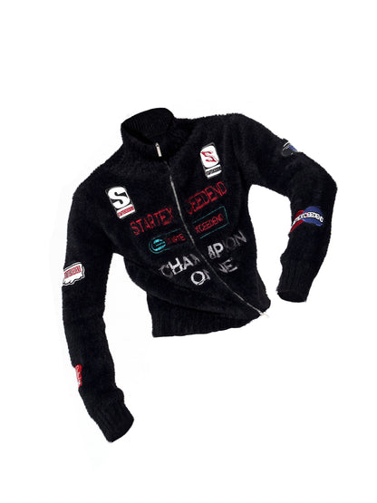 Letter Embroidery Print High-Neck Zipper Knit Cardigan WN22649