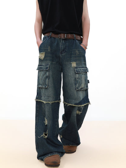 Damage Multi Pocket Straight Leg Denim Jeans WN8332