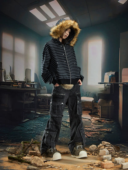 Multi-Pocket Washed Deconstructed 3D Cut Straight Cargo Denim Jeans WN20592