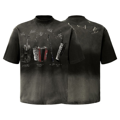 Instrument Print Washed Short Sleeve T-Shirt WN25477