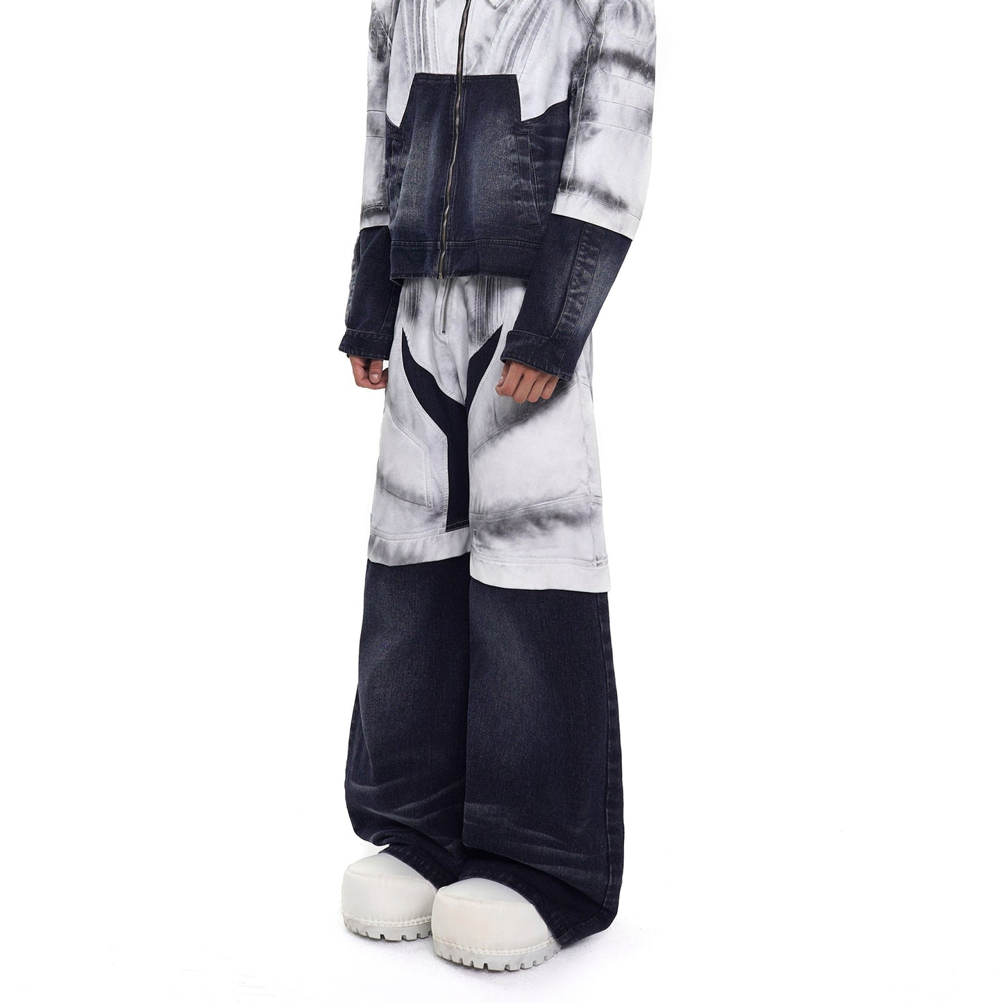 PU Leather Mix Paint Short Denim Jacket & PU Leather Mix Denim Jeans Setup WN20378