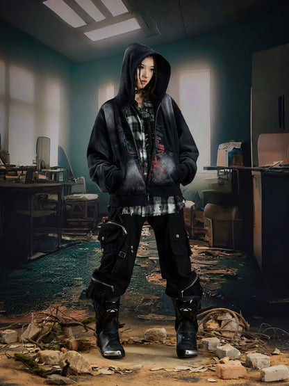 Washed Double-Side Print Zipper Hoodie WN20594