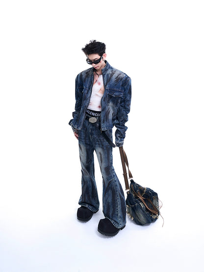 Wrinkles Sleeve Stand Neck Denim Jacket & Micro Flare Denim Jeans Setup WN8069