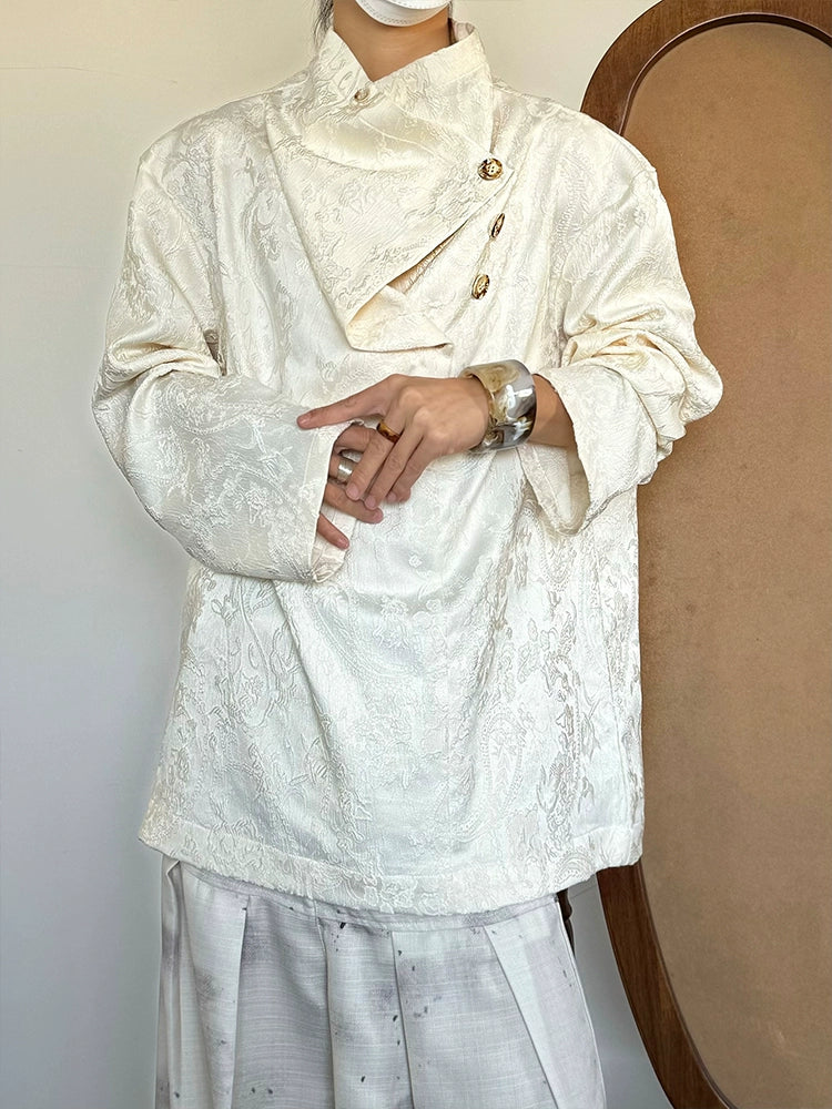 Embroidery Jacquard Asymmetrical Long Sleeve Shirt WN19942