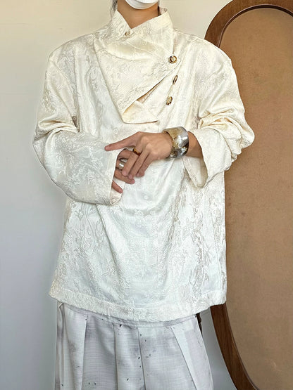 Embroidery Jacquard Asymmetrical Long Sleeve Shirt WN19942