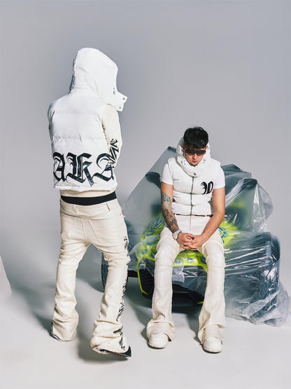 Towel-textured Embroidery Letter Shiny Detachable Hood Down Vest WN21010