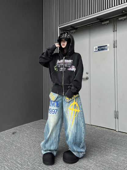 Fake Layered Panel Print Wide Leg Denim Jeans WN24231