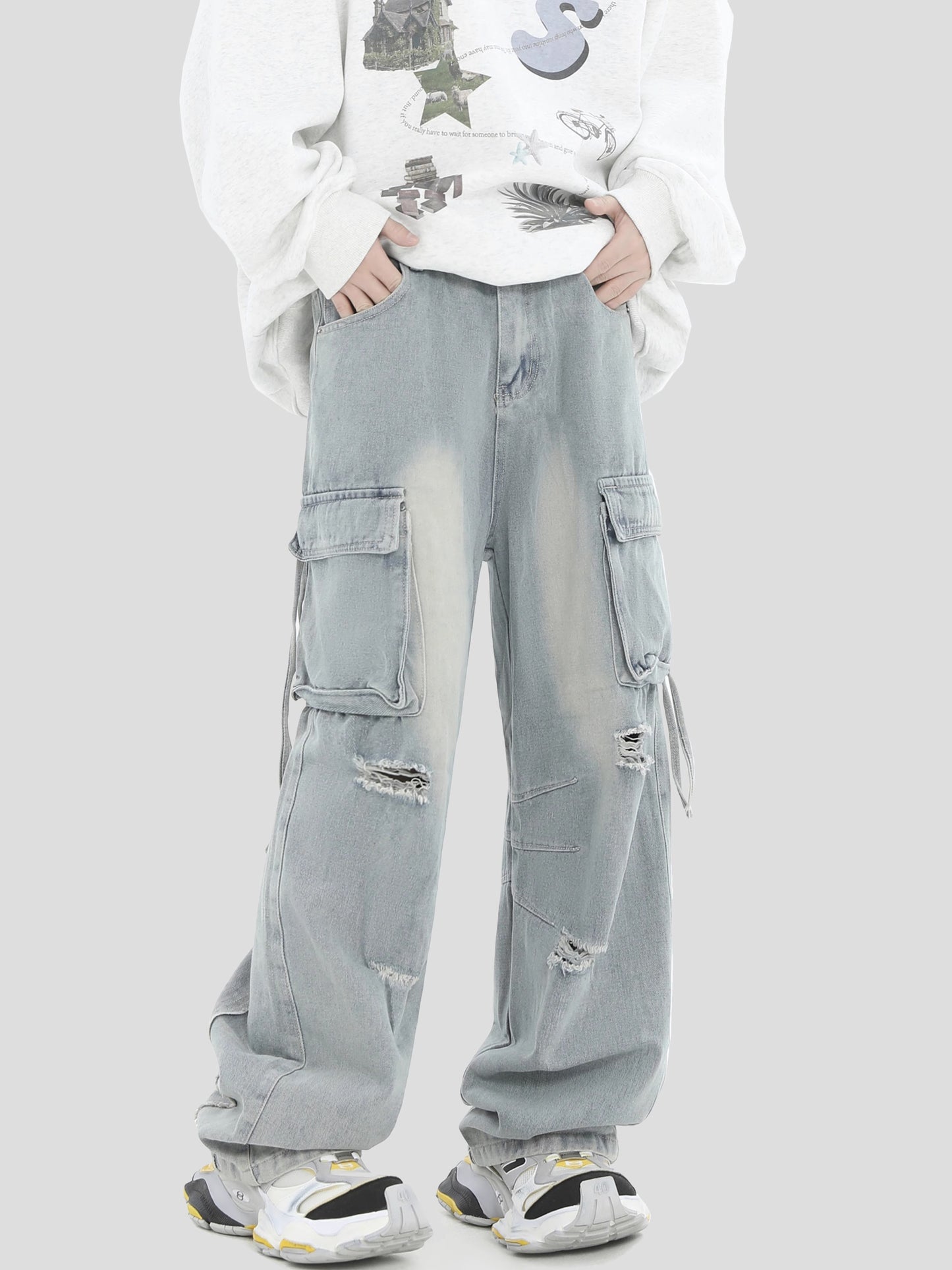 Wide-Leg Straight Cargo Denim Jeans WN7228