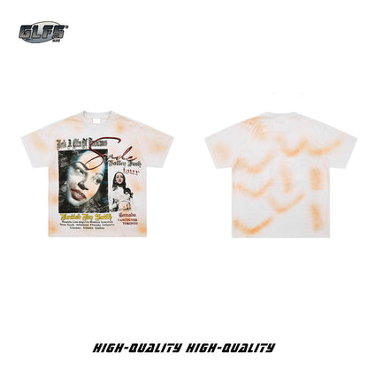 Washed Portrait Graphic Letter Print Short Sleeve T-Shirt WN26440