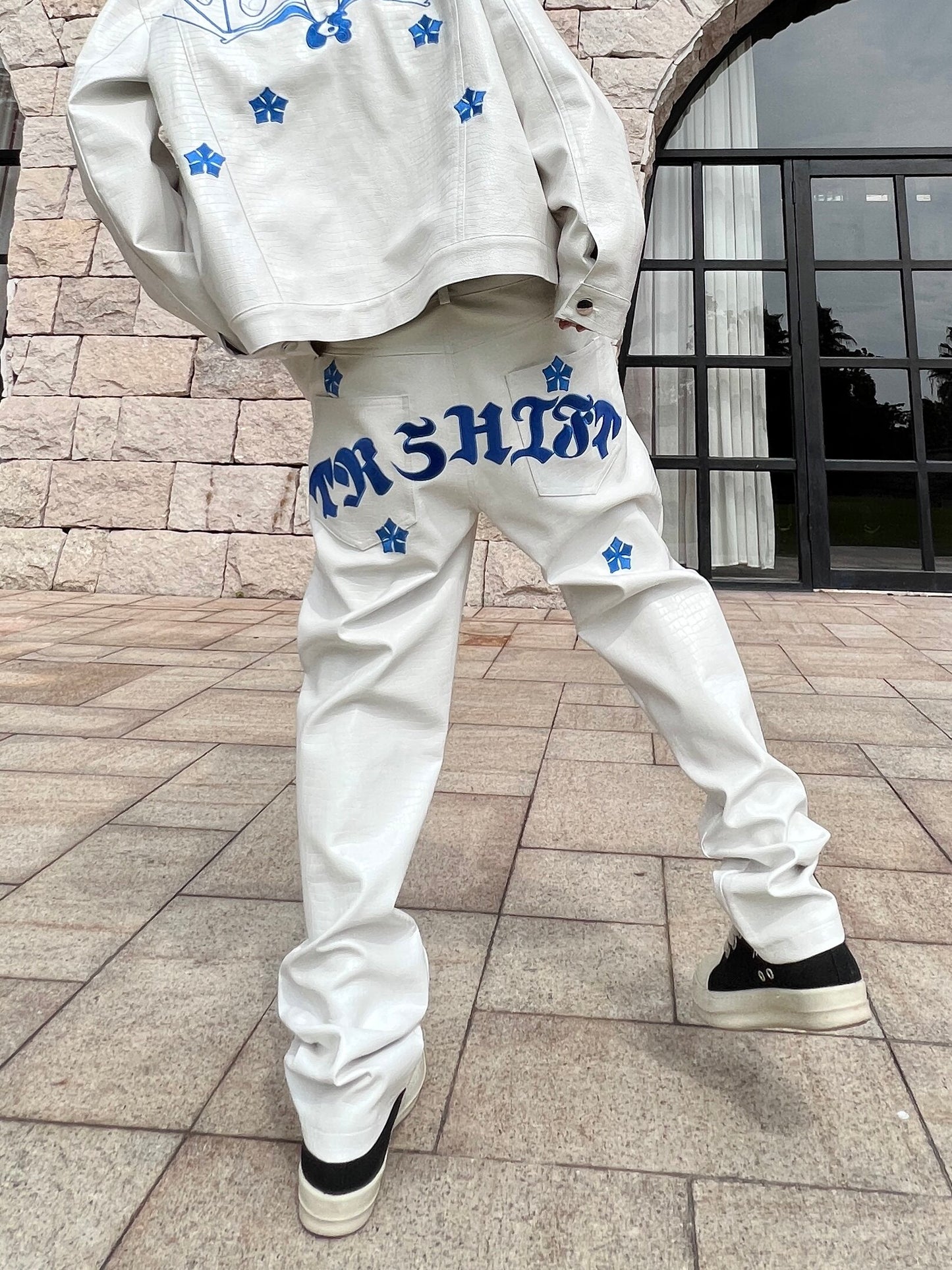 Cross Print Button Denim Jacket & Straight Denim Jeans Setup WN24183