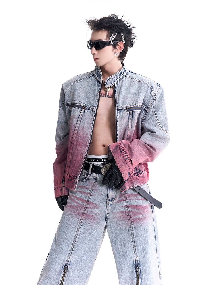 Wash Gradient Denim Jacket & Wide-leg Zipper Design Denim Jeans Setup WN8101