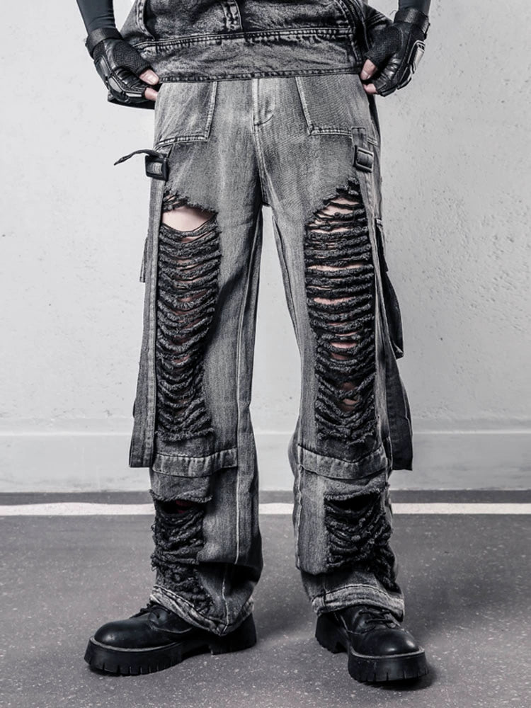 Ribbon Strap Damage Wash Wide Leg Denim Jeans WN22448