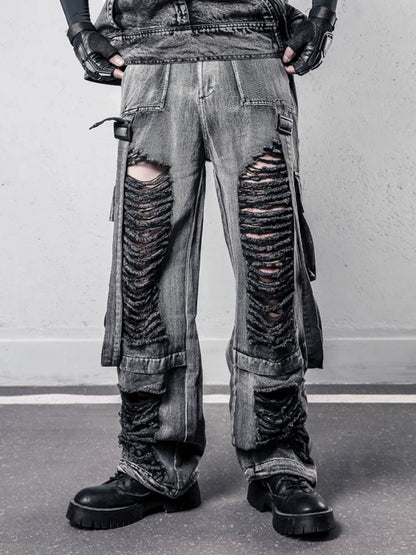 Ribbon Strap Damage Wash Wide Leg Denim Jeans WN22448