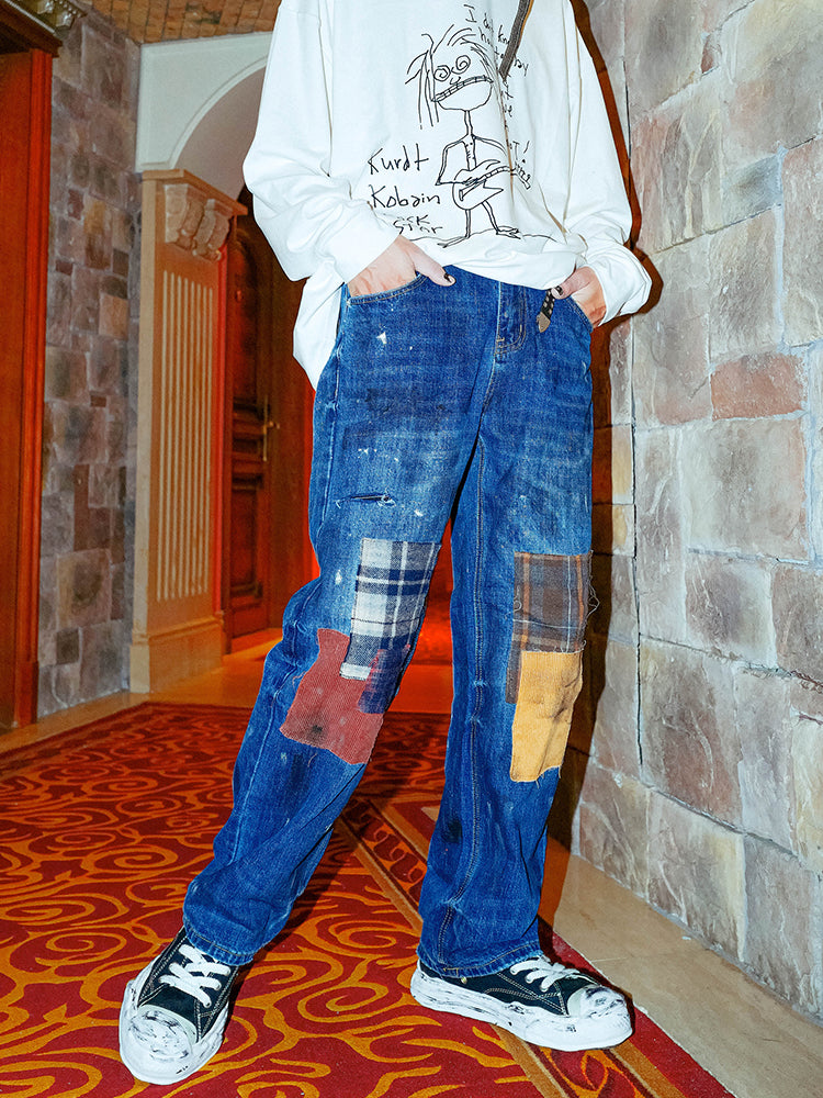 Patchwork Washed Damage Straight Denim Jeans WN16098