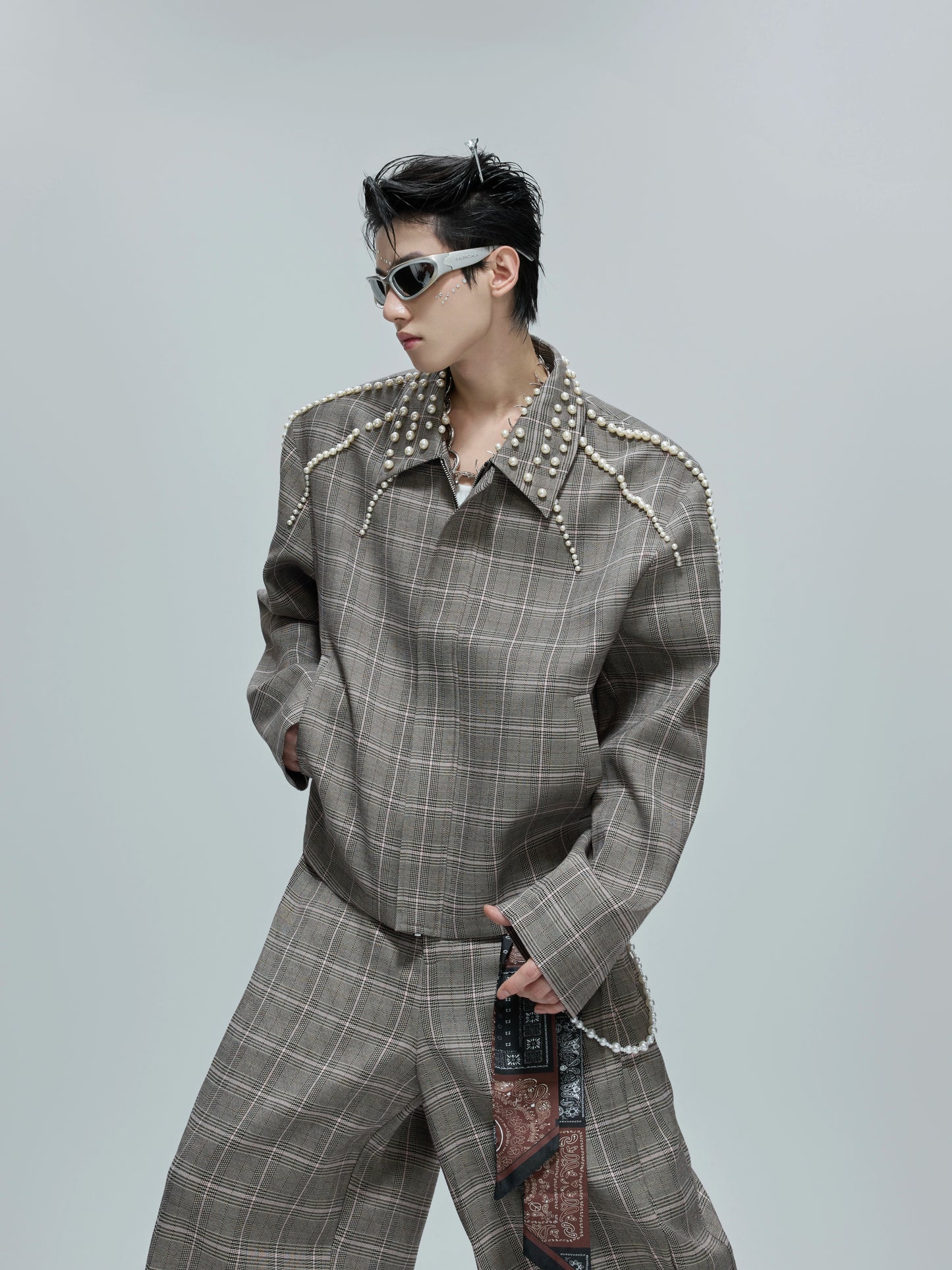Pearl Houndstooth Lapel Short Jacket & Trousers Setup WN21759