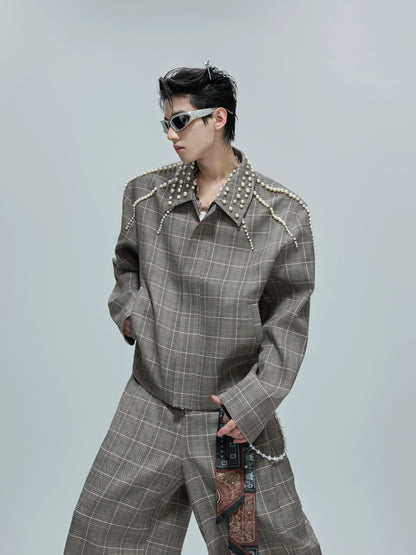 Pearl Houndstooth Lapel Short Jacket & Trousers Setup WN21759