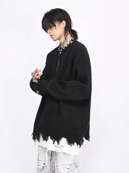 Half Zipper Oversize Damage Knit Sweater WN8718