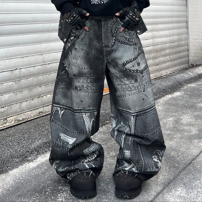 3D Print Curved Silhouette Wide Leg Denim Jeans WN24099