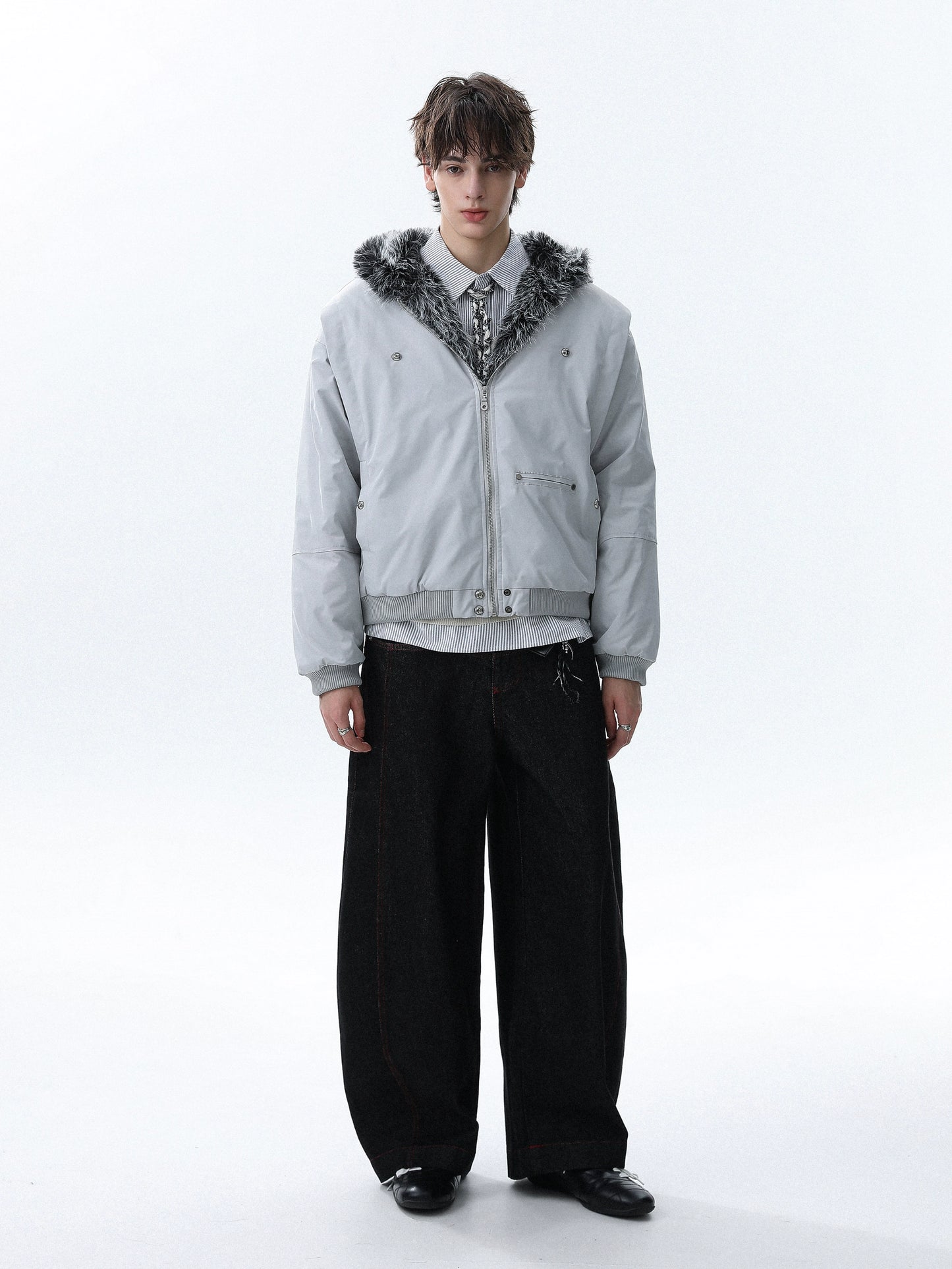 Fake Fur-Collar Hooded Zipper Jacket WN22089