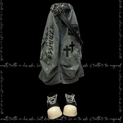 Washed Pleats Patch Wide Leg Cargo Half Denim Jeans & Belt & Chain WN20102