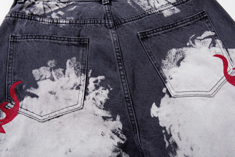 Washed Graphic Print Wide Leg Denim Jeans WN27794