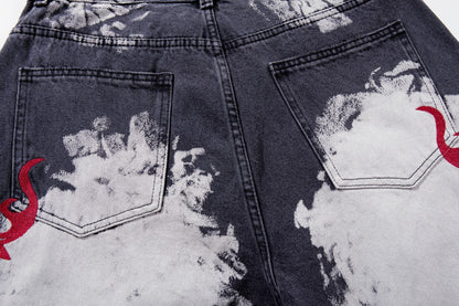 Washed Graphic Print Wide Leg Denim Jeans WN27794