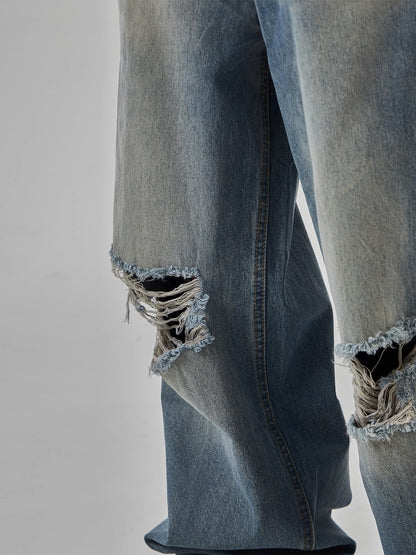 Washed Damage Wide-Leg Straight Denim Jeans WN7023