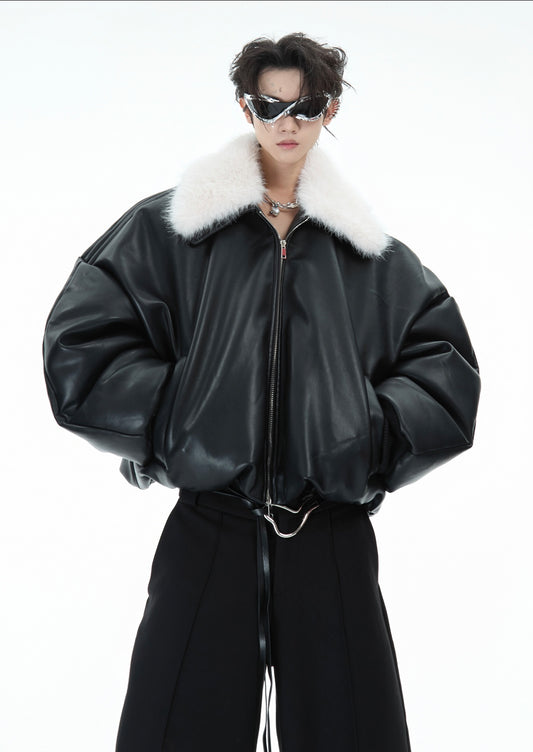 Detachable Fake Fur Collar PU Leather Padded Short Jacket WN11618