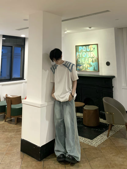 Denim Stripe Patchwork Short Sleeve T-Shirt WN19801