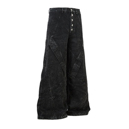 Washed Crinkle Button Fly Wide Leg Denim Jeans WN26144