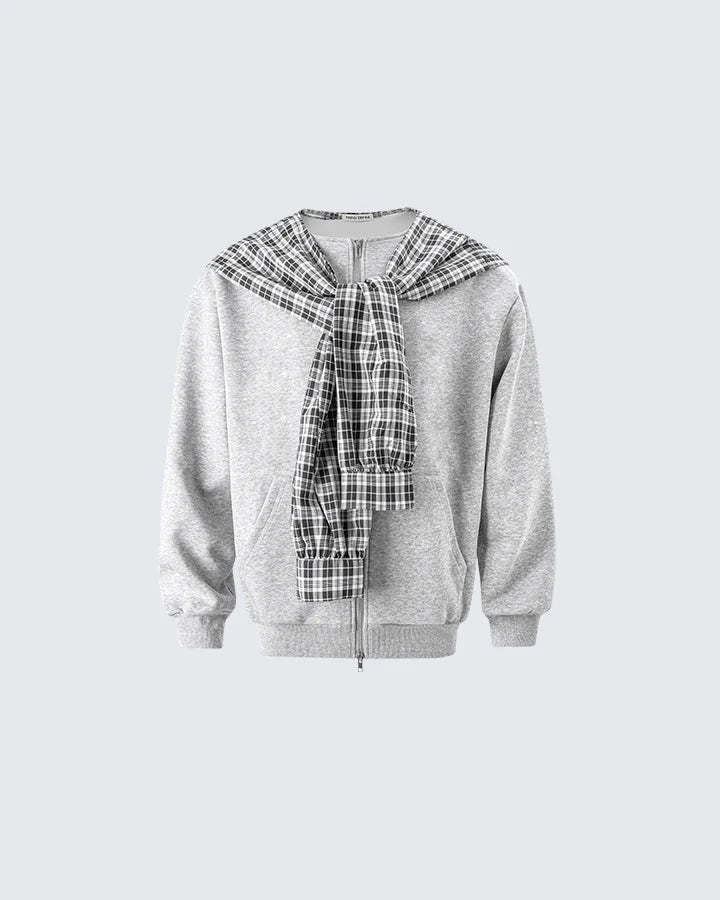 Plaid Scarf Zipper Jacket & Wide Leg Drawstring Pants Setup WN28040