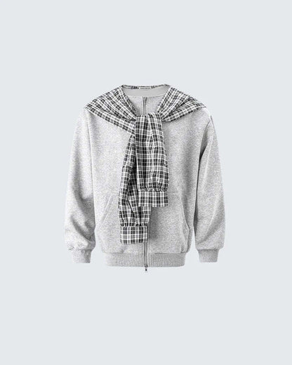 Plaid Scarf Zipper Jacket & Wide Leg Drawstring Pants Setup WN28040