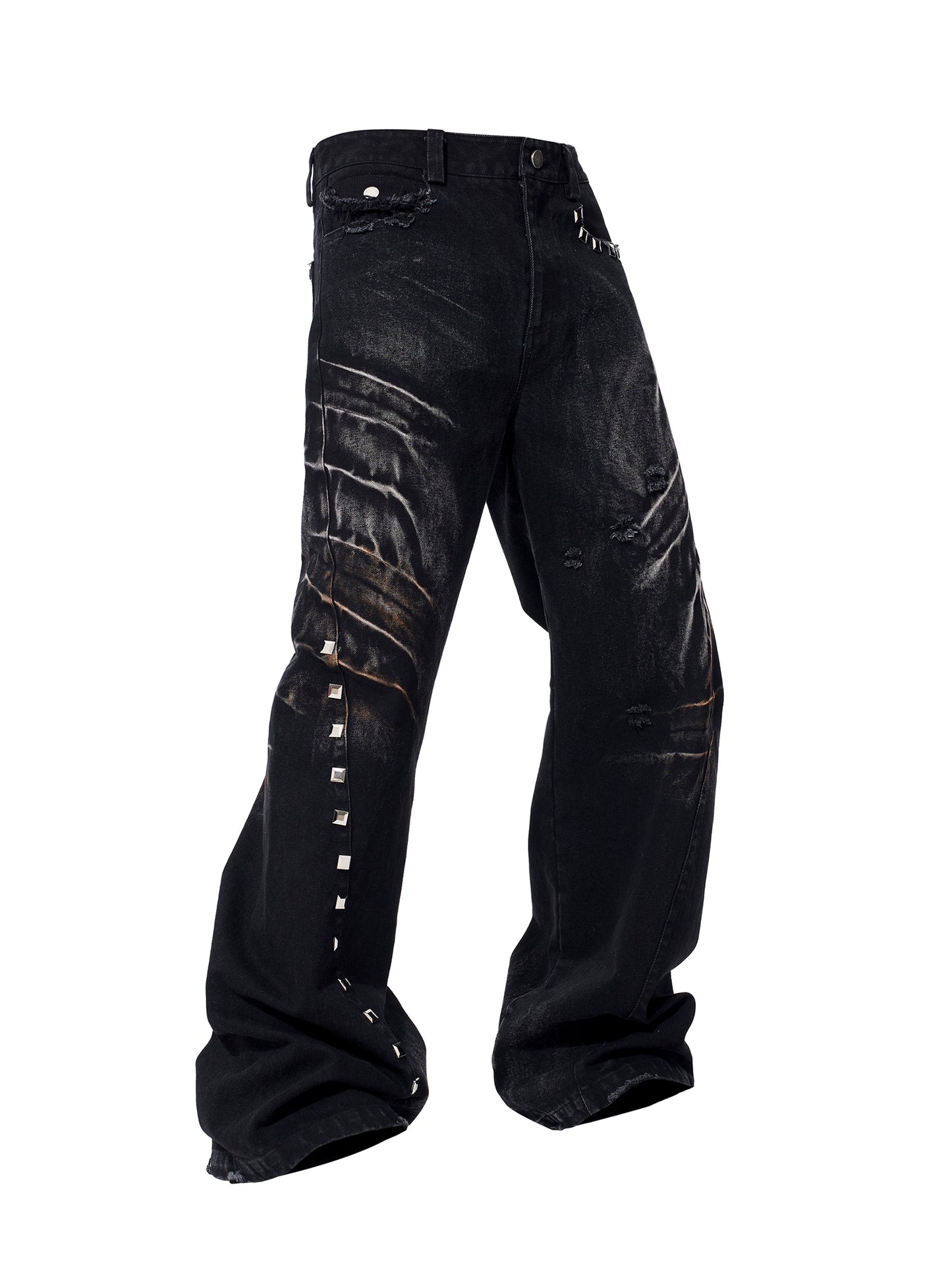 Washed Damage Metal Stud Wide Leg Denim Jeans WN22658