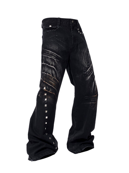 Washed Damage Metal Stud Wide Leg Denim Jeans WN22658