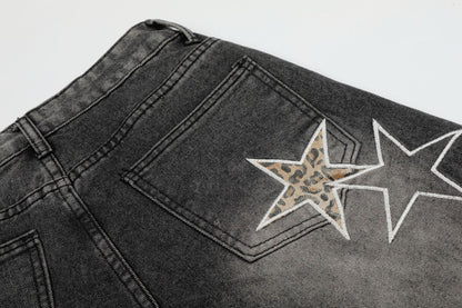 Star Patch Embroidery Curved Denim Half Pants WN25717
