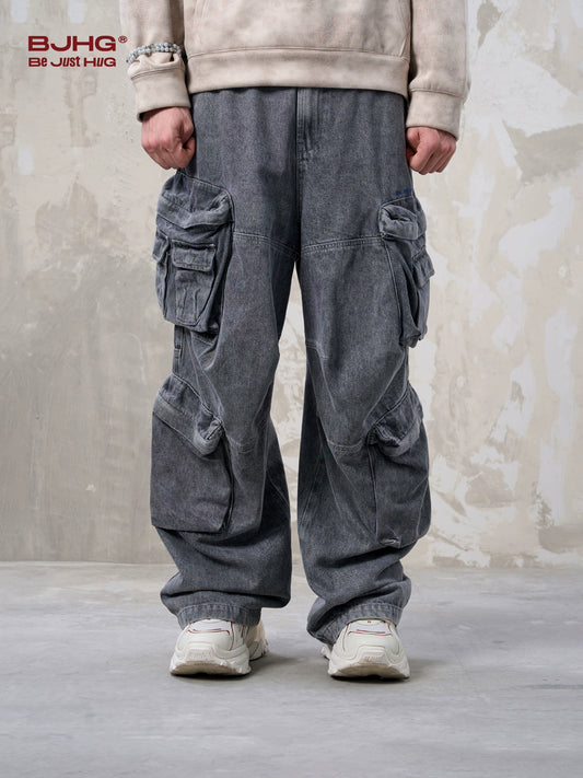 Washed Wide-Leg Cargo Denim Jeans WN13201