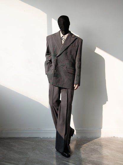 Heavy Embroidery Shoulder-Pad Oversize Tailored Jacket & Wide Leg Trousers Setup WN23648