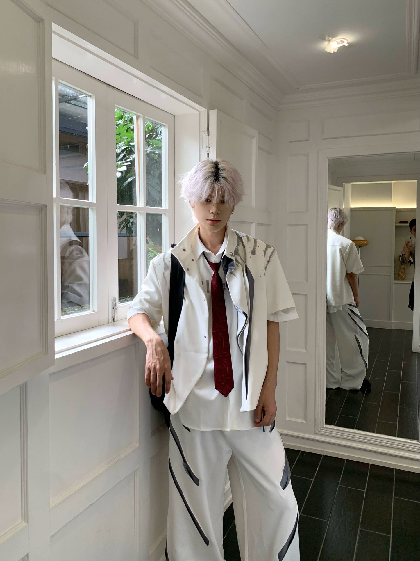 Paint Deconstructed Metal Short Sleeve Jacket & Paint Wide Leg Pants Setup WN19756