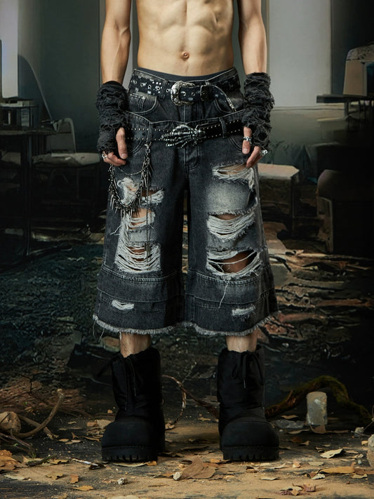 Double Waistband Ripped Washed Wide Leg Half Pants WN18472