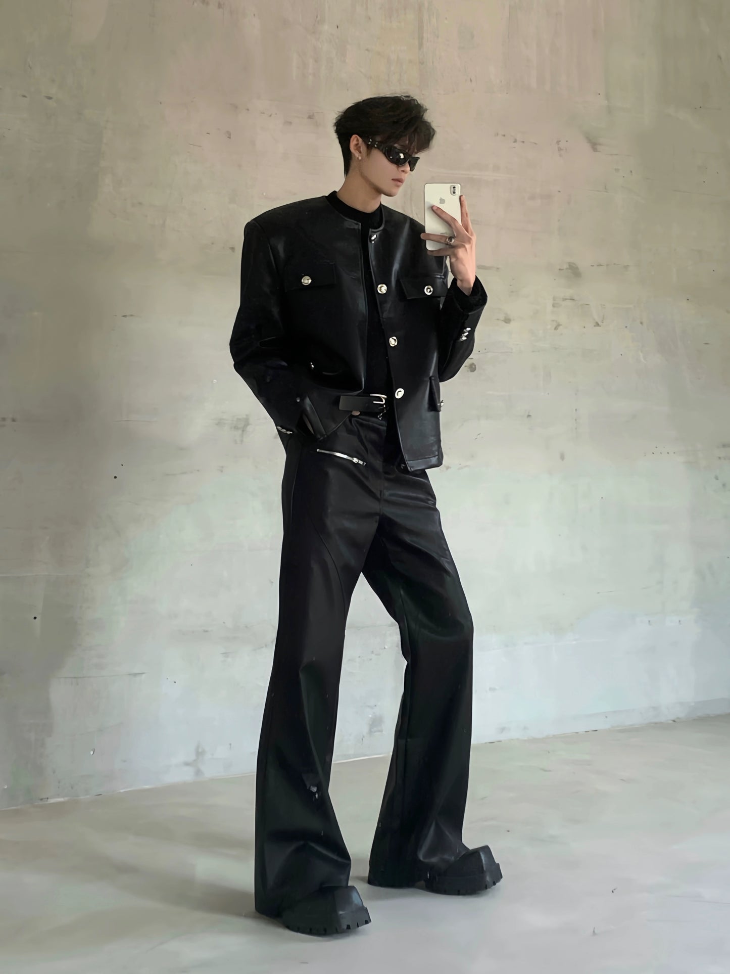 Deconstructed Zipper Design PU Leather Flare Pants WN20057