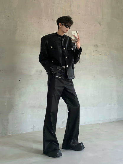 Deconstructed Zipper Design PU Leather Flare Pants WN20057