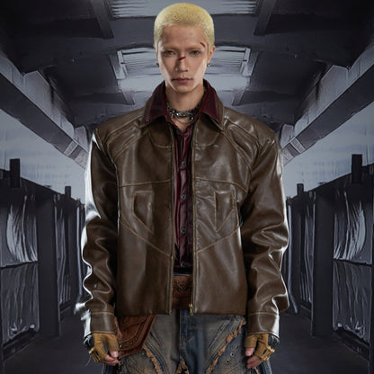 Washed Damage Short PU Leather Jacket WN22788