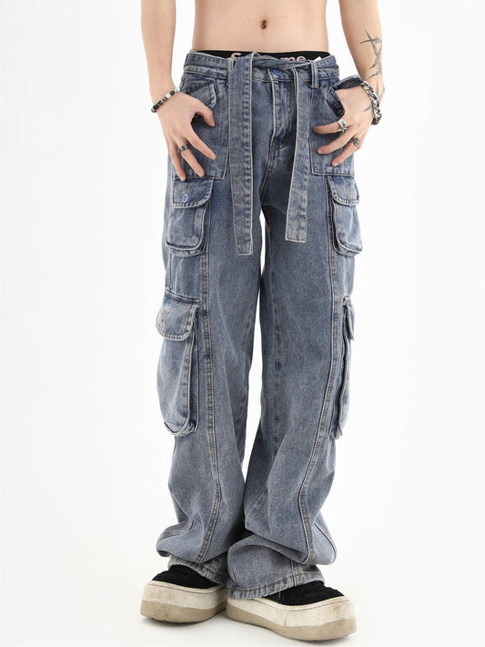 3D Multi Pocket Washed Wide-Leg Straight Cargo Denim Jeans WN7234