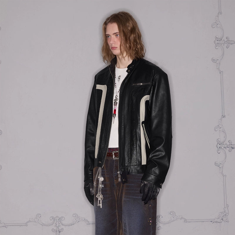 3D Patchwork Print Panel PU Leather Zipper Jacket WN17875