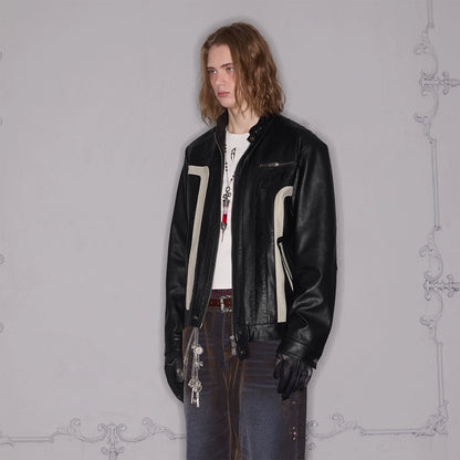 3D Patchwork Print Panel PU Leather Zipper Jacket WN17875